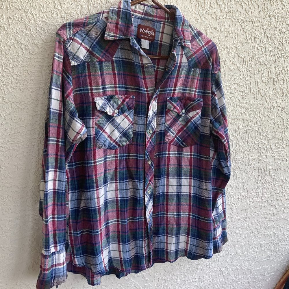 Vintage Wrangler Western Shirt Snap Buttons M Shadow Plaid